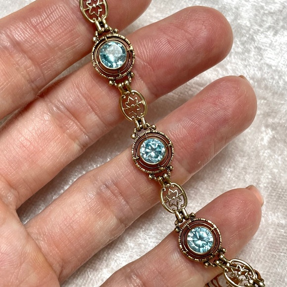 Vintage Art Deco 10K Solid Gold Natural Blue Zircon 5cts Fancy Link Bracelet - Picture 4 of 13